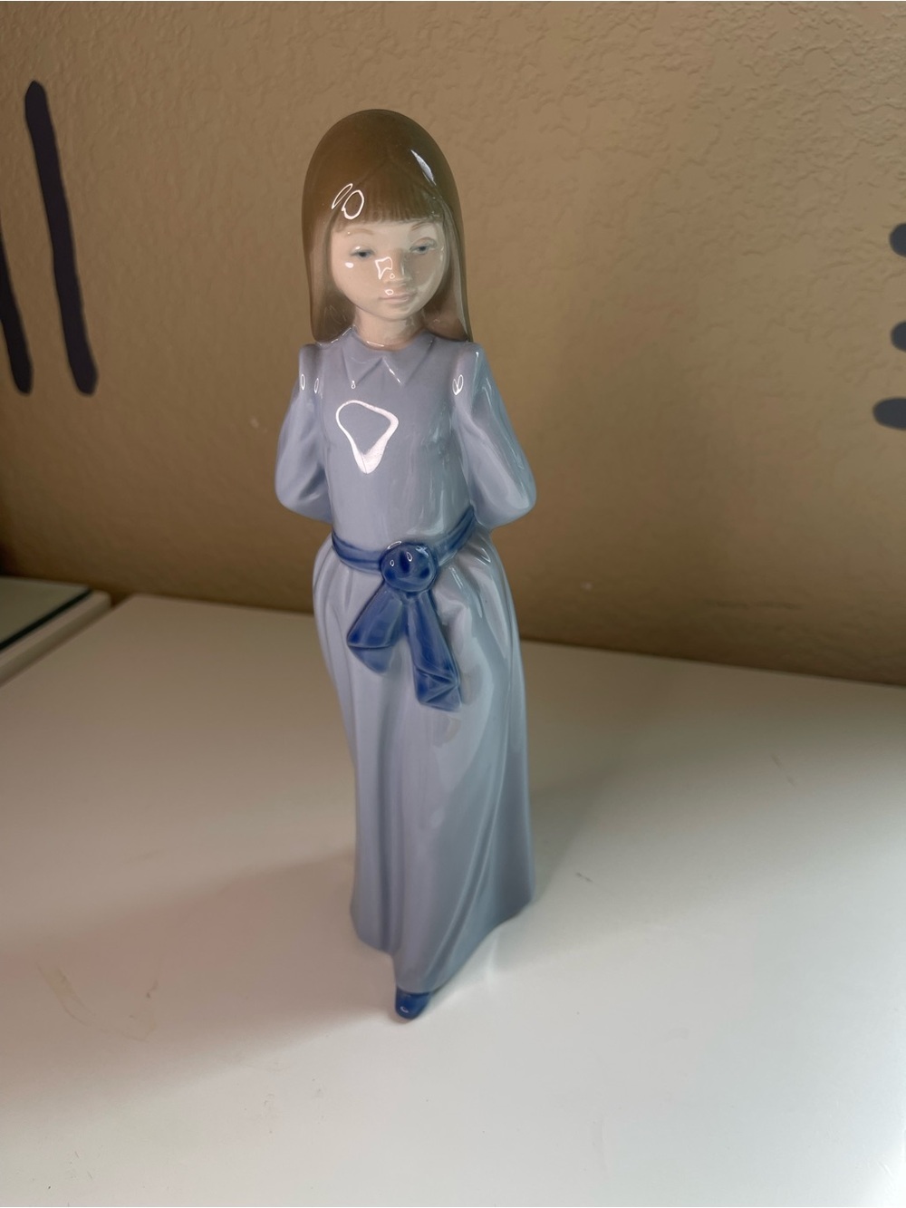 Nao by Lladro Glossy Light Blue Porcelain Girl Figurine with Dark Blue Sash